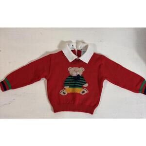 Vintage Nann Knits Boys Sweater Red Teddy Bear Bow Tie Collar 12 Mos Christmas